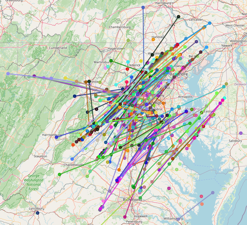 Screenshot of a map with lines and points in the same positions, but different colors