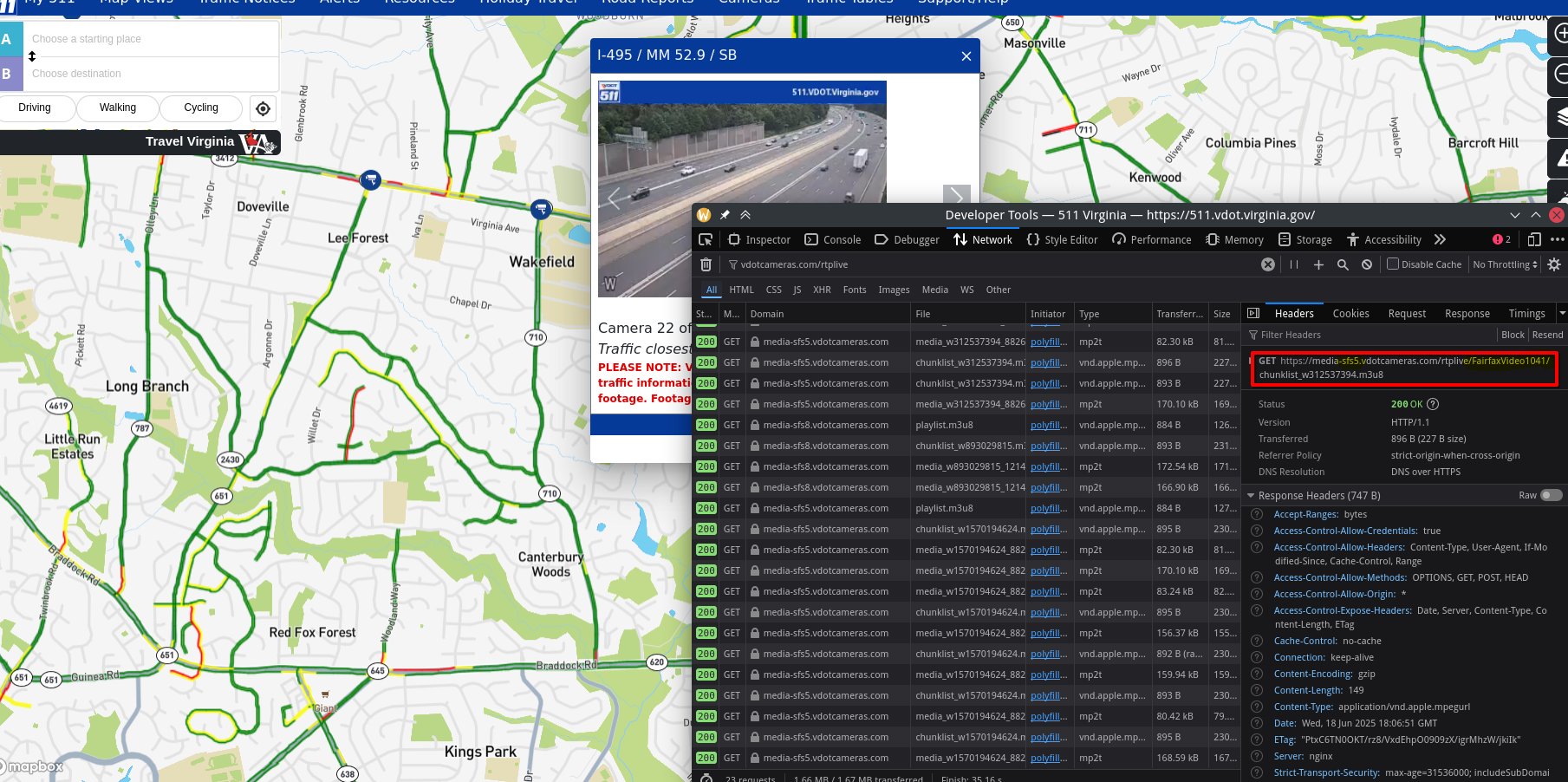 Screenshot showing where the information for a camera is located in the network tab of the Firefox debugger